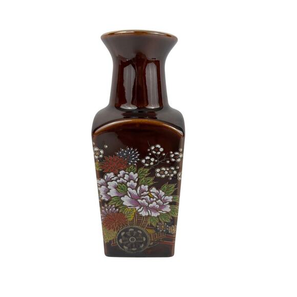 VTG Brown Japanese Gold Trim Details Floral Bud Vase - Picture 1 of 14